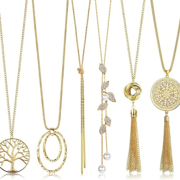 6Pcs Long Necklaces for Women Tassel Pendant Necklace Circle Knot Bar Feather Le - Picture 1 of 8